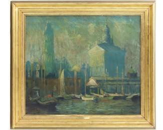 Lot 1531 Arthur Clifton Goodwin (1864-1929) American, Oil on Canvas Impressionist Riverside Landscape Fulton Wharf
