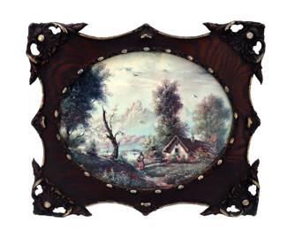 Lot 1998 Ornately Framed Oval Oil on Board Landscape