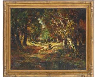 Lot 1822 Francois Maury (1861-1933) French, Oil on Canvas, Barbizon Landscape with Two Figures on a Path