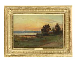 Lot 1508 Lemuel D. Eldred (1848-1921) American, Oil on Canvas Landscape Sunset on the Harbor