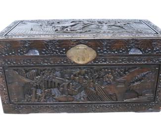 Lot 1787 Antique Chinese Hand Carved Camphor Chest with Brass Hardware