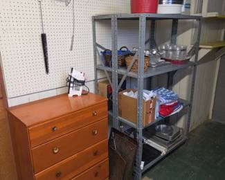 $25 4 drawer dresser, $15 double metal shelving