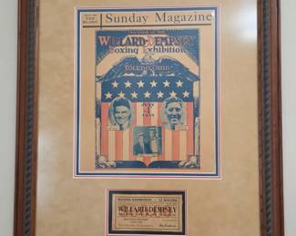 $. Framed Willard- Dempsey boxing exhibition ticket 1919 w/ Magazine cover