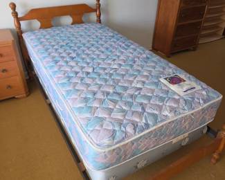 $12 Maple twin frame, short foot board, $15ea (2) Twin Mattresses