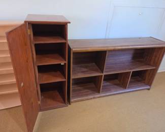 $20, tall wooden cabinet w/door, $15 Sauder type bookshelf