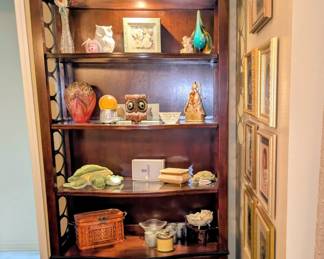 Lighted display bookcase with storage drawer, Waterford giftware, vases, boxes