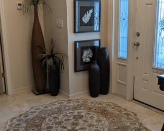 Wall art, round wool Persian style rug, large decorative vases