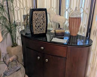 Mahogany finish Shermag chest with black stone top, one drawer over a cabinet. Like new!