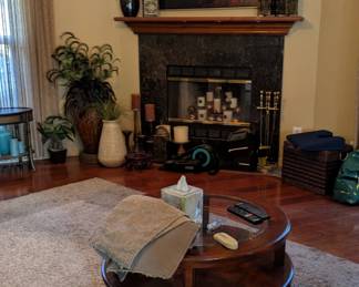 Artwork, vases, coffee table, pillar candles, candle stands, candleholders