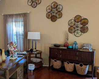 Sideboard, decorative mirrors and wall art, accent laps, small tables