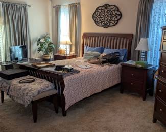 Bedroom set with bed, night stands, tall dresser, long dresser with mirror, and armoire. Bench, pair of accent lamps, wall art, like new linens