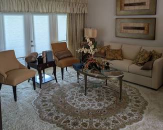 Side tables, accent chairs, table lamps, coffee table, perfect condition like new couch, accent pillows