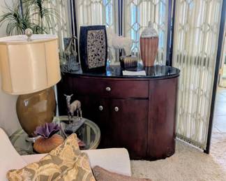 Shermag oval dining room chest or server with stone top, side tables, decorative screen dividers, vases, Tang style horse sculpture