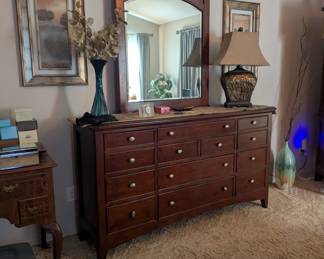 Artwork, lamps, art glass vases, dresser with mirror