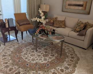 Persian style wool rug, coffee table, accent tables, decorator pillows, side chairs, lamps, artwork