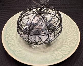 Decorative Wire Pumpkin Cloche on Celadon Glazed Charger
