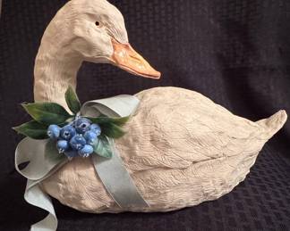 Vintage Hand-Painted Ceramic Goose Figurine with Ribbon and Blueberry Accent