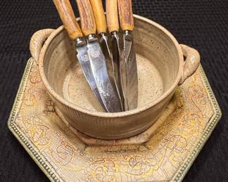 Birks Sheffield Stag Handle Cheese Knives with Ceramic Dish
