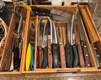 Assorted Vintage Kitchen Cutlery Set in Wooden Organizer