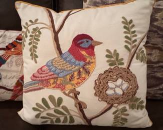 Embroidered Bird and Nest Decorative Throw Pillow
