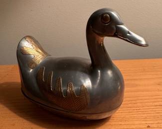 Vintage Mid-Century Pewter and Brass Duck Trinket Box