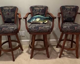 Set of 3 Oak Swivel Spectator Bar Stools with Pastoral Tapestry Upholstery