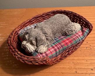 Vintage Sandicast Sleeping Schnauzer in Woven Basket