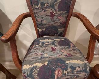 Set of 3 Oak Swivel Spectator Bar Stools with Pastoral Tapestry Upholstery