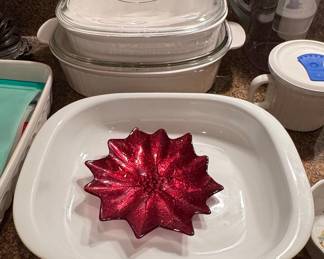 CorningWare White Casserole Dishes with Lid and Red Poinsettia Decorative Bowl
