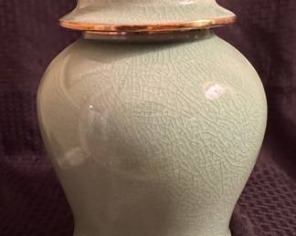 Celadon Crackle Glaze Ginger Jar with Gilt Trim