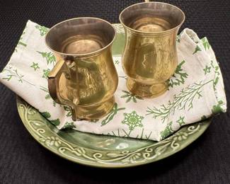 Vintage Brass Tankards and Ceramic Charger Set