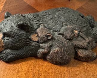 Cast Resin Sleeping Mother Bear and Cubs Sculpture