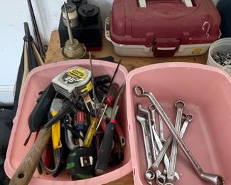 Assorted Hand Tool Lot with Storage Bins