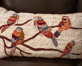 Embroidered Bird Motif Lumbar Pillow