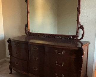 French Louis XV style mahogany dresser with matching mirror