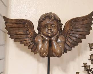 Carved Wood Cherub Wall Plaque on Stand