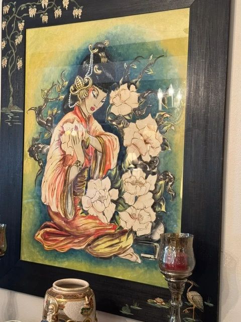 VIntage reverse glass-painted or shadow box framed artwork of an Asian