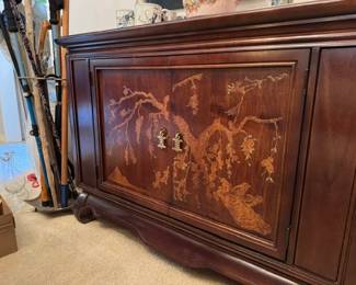 1970's Asian Inspired Console Cabinet Broyhill Walnut