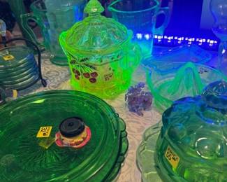 Green Vaseline Glass and Yellow Cherry Jar Set