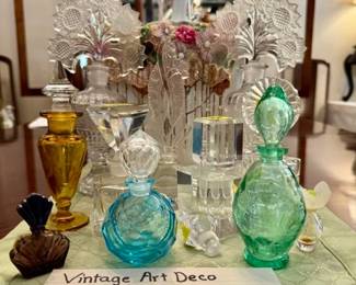 Art Deco and Vintage Crystal and G;ass Perfume Bottle - Tiffany Diamond Cut Paper weight