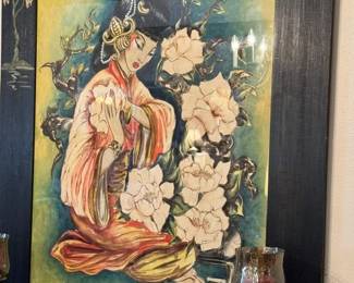 VIntage reverse glass-painted or shadow box framed artwork of an Asian