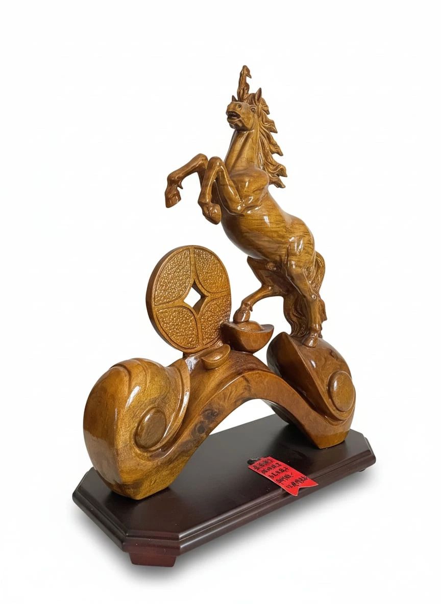 Chinese Golden Silk Nanmu Wood Horse Sculpture with Coin and Ingot