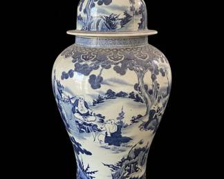 Large Blue and White Porcelain Temple Jar with Landscape Scene
