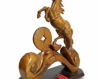 Chinese Golden Silk Nanmu Wood Horse Sculpture with Coin and Ingot