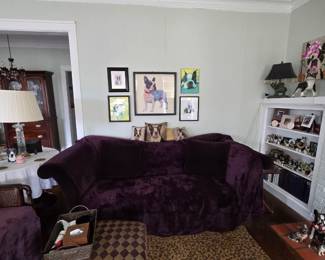 Purple Velvet Sofa, Ottoman, Table, Lamp and Boston Terrier Artwork