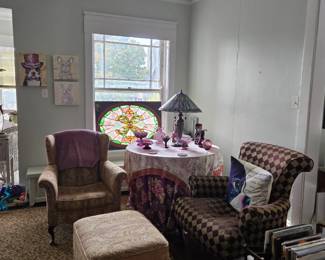 Chairs, Table, Stained Glass Lamp & Window, Amethyst Glass