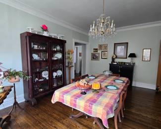Empire China Cabinet, Chandelier, Dining Table/Chairs
