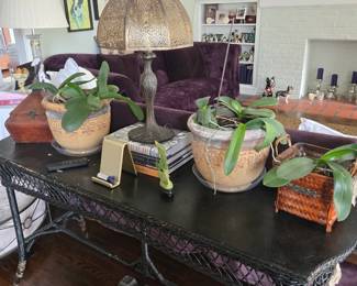 Wicker Table, Lamp and Orchids