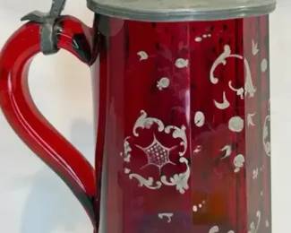 Etched glass beer stein