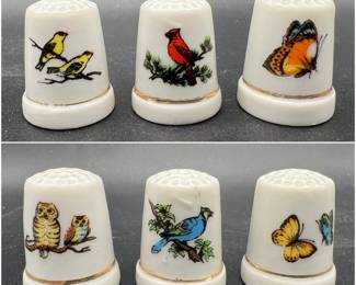 (6) Porcelain Gold Trimmed Thimbles — Birds & Butterflies